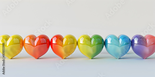 A row of beautiful colorful rainbow hearts isolated on white background, love is in the air, valentine's day card with copy space for greetings and warm words concept of valentine's day, l pride month photo