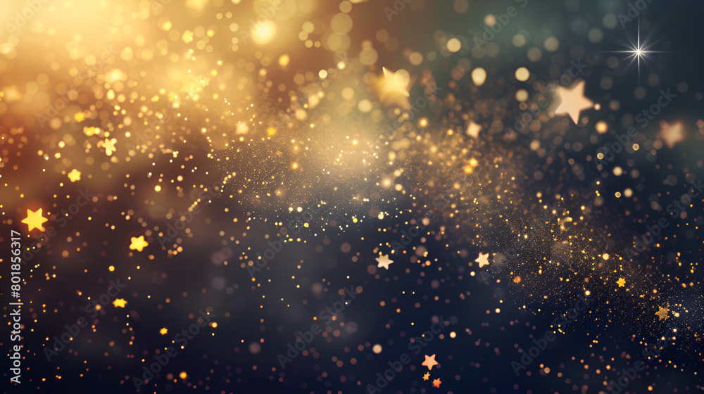 The dust sparks and golden stars shine with special light, Abstract background with bokeh defocused lights and stars,A bright, golden background with a lot of small, sparkling dots
