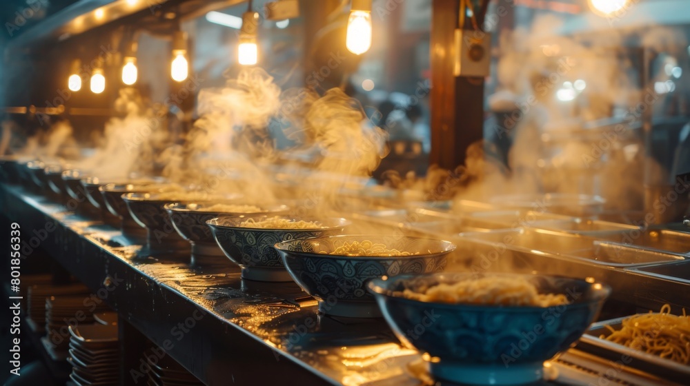 Obraz premium A long counter with many bowls of steaming hot ramen