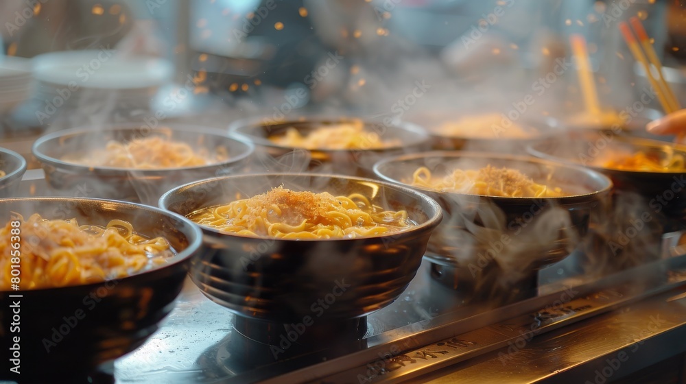 A row of steaming hot bowls of ramen with chopsticks A row of steaming hot bowls of ramen with chopsticks