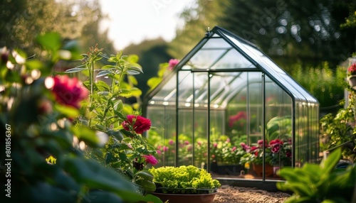 Greenhouse in the garden. Glass small compact greenhouse for growing flowers, vegetables, seedlings © Adi