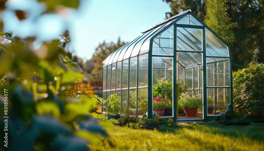 Greenhouse in the garden. Glass small compact greenhouse for growing flowers, vegetables, seedlings Greenhouse in the garden. Glass small compact greenhouse for growing flowers, vegetables, seedlings