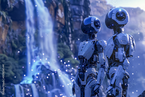 Autonomous AI sentinels by waterfall silver and blue hues