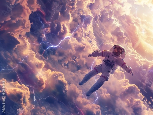 The astronaut, tethered to a spaceship, plummets through the gas giant's atmosphere, witnessing a magnificent spectacle of swirling colors and electrical storms.