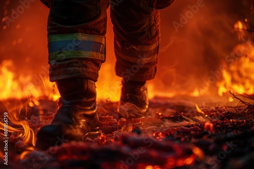 A fireman goes to put out a fire Focus on boots. Dramatic light