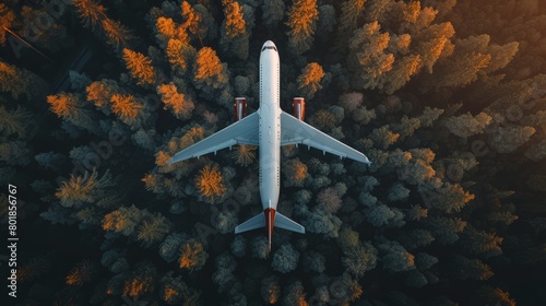 Aerial view of airplane flying over autumn forest, showcasing travel and adventure. Perfect for themes of exploration and nature.