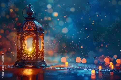 Ramadan Lantern with Colorful Light Glowing at Night and Glittering with Bokeh Lights on Ground. Festive Greeting Card  Invitation for Muslim Holy Month Ramadan Kareem. Blue Dark background