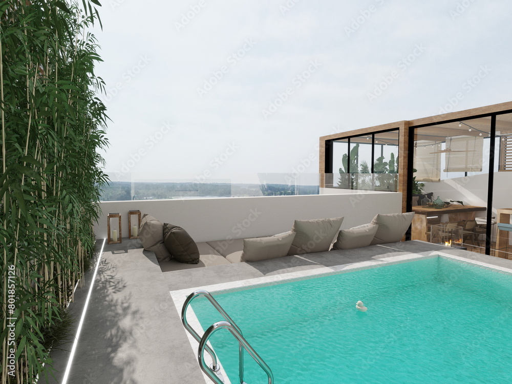 Fototapeta premium casa de estilo moderno minimalista . muebles de diseño y terraza con piscina