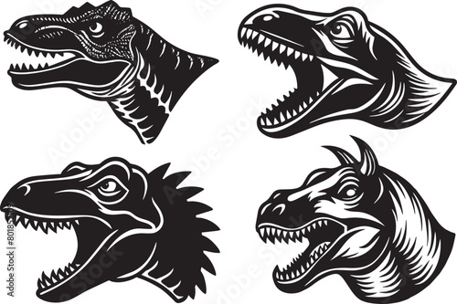 Dinosaur head set in black and white colors. Vector illustration.
