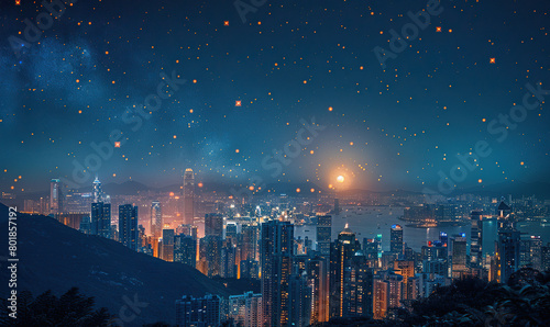 A vibrant cityscape at night under a celestial sky with stars and a red moon. Generate AI