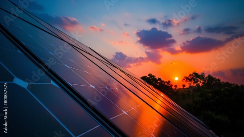 A solar panel with a sunset in the background