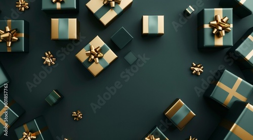 A large number of gold and green boxes with bows on top of a dark background © tope007