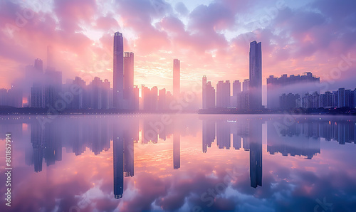 A tranquil city skyline at sunset reflecting in the water. Generate AI © VinaAmeliaGRPHIC