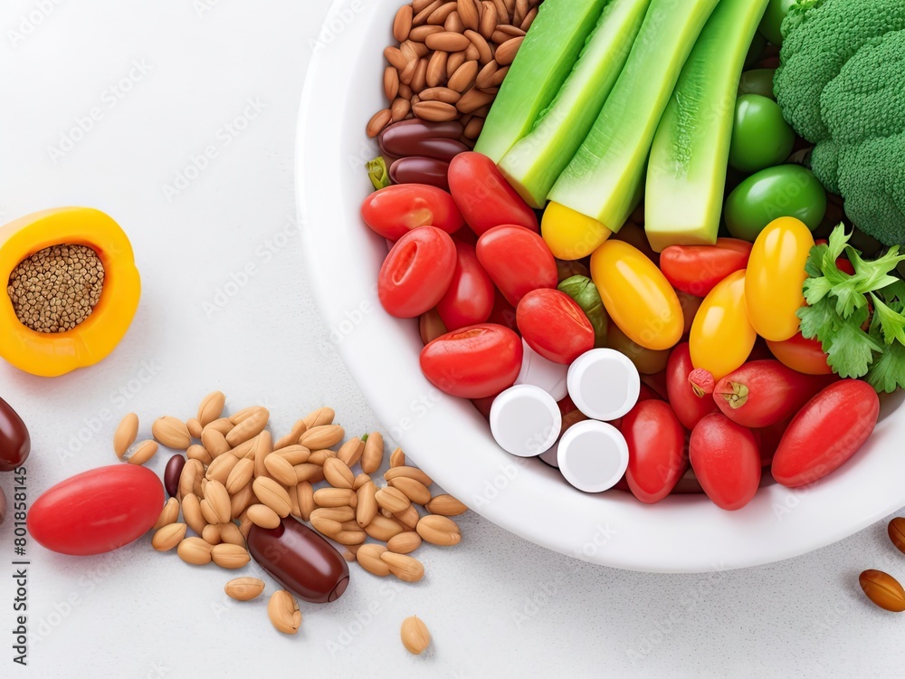 Concept of health in medicine. vitamin and nutritional supplements in the form of nutrient pills containing fruit, vegetables, nuts, and beans. Concept of health in medicine. vitamin and nutritional supplements in the form of nutrient pills containing fruit, vegetables, nuts, and beans.