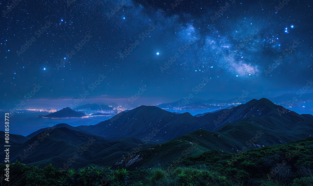 A serene night view of stars over verdant mountains and a lit cityscape. Generate AI