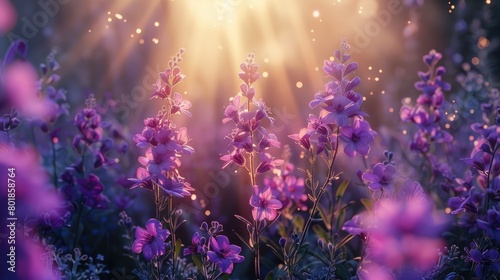 Radiant, lush purple flowers bloom in a sunny field. Generative Ai