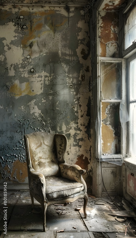 Forgotten Room of Neglected Despair:An Old,Dilapidated Interior with Peeling Walls and Weathered Furniture