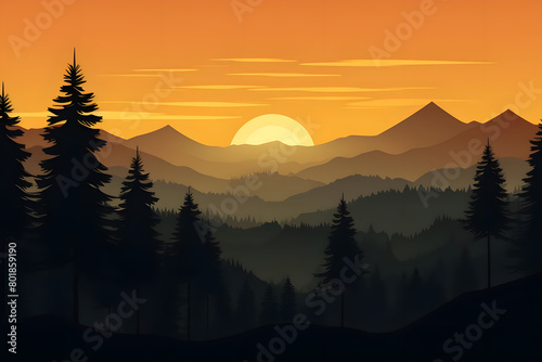 Sunrise Symphony  Pine Trees Silhouette  Realistic Mountains Landscape. Vector Background