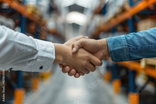 Close-up of warehouse employees shaking hands. Generative Ai