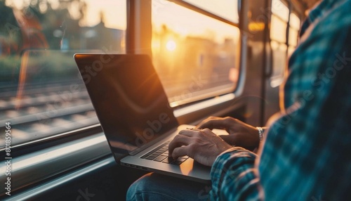 Digital nomad person working on laptop on a train during sunset, capturing the essence of mobility and remote productivity in transit Concept of travel remote working and dynamic lifestyle photo