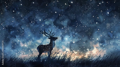 Atmospheric watercolor of a young deer under a starry night sky, the dark blues and twinkling stars adding a sense of wonder and vastness