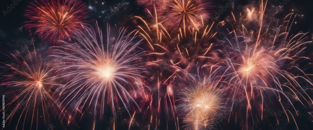 Naklejka premium loop of real colorful fireworks festival in the sky display at night during national holiday, new year