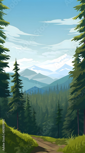 Pine Perfection  Realistic Mountain Panorama  Realistic Mountains Landscape. Vector Background