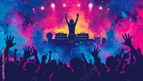 Vibrant hip hop and 90s themed party illustration with dj, dancers, and graffiti art