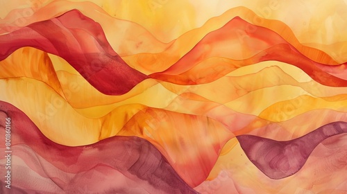 Dynamic abstract watercolor background, featuring undulating waves of saffron and rust, creating a vibrant, energetic field of warm colors