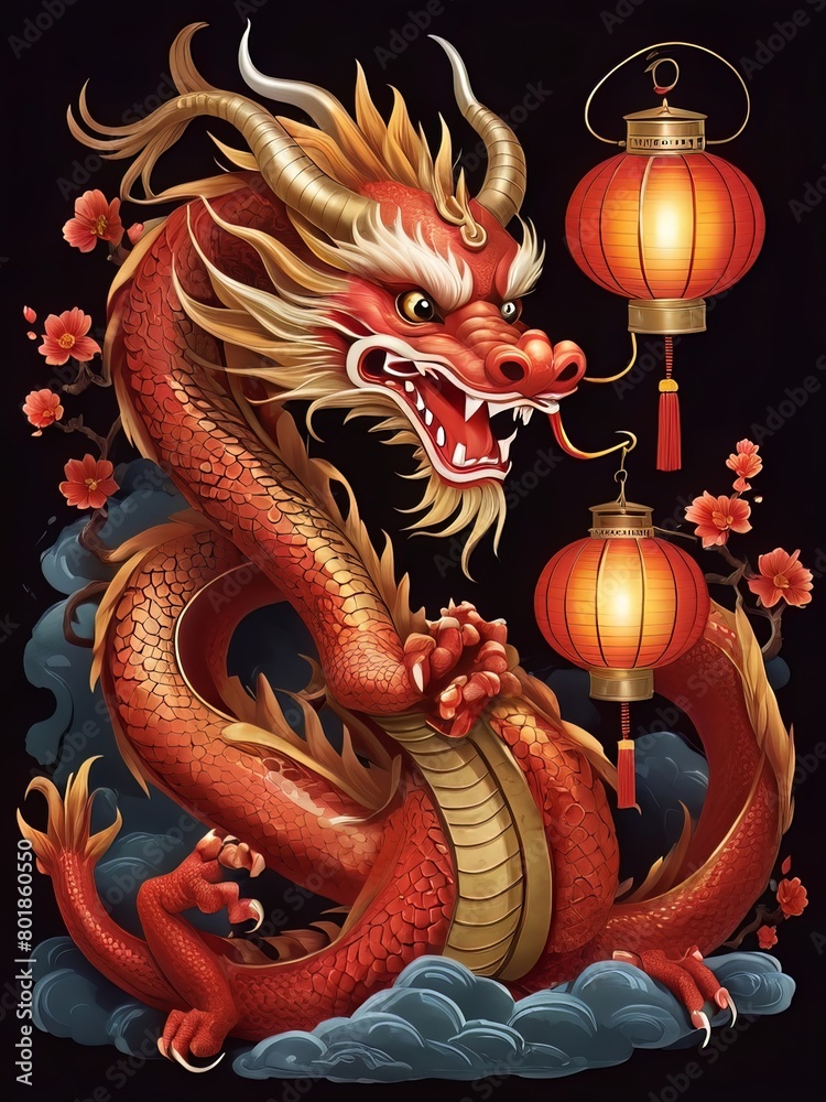 Fototapeta premium Chinese Dragon illustration with lantern