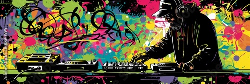 Vibrant hip hop   90s themed party illustration with dj, dancers, and graffiti art