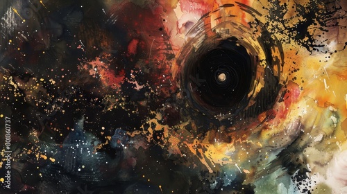 Expressive watercolor featuring chaotic brush strokes and splashes emulating the gravitational pull of a black hole, using a dark palette photo