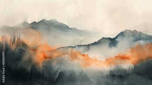 Fluid watercolor abstraction capturing the essence of a misty autumn morning, with soft, merging colors of gray and muted orange