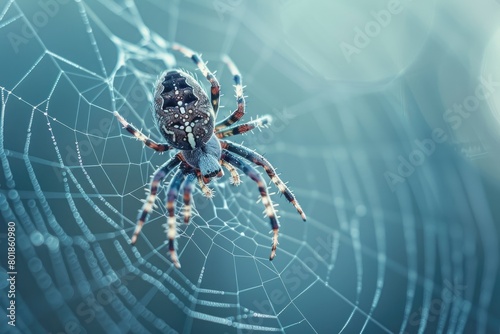 Spider crawls along a meticulously detailed spider web displaying. Generative Ai photo