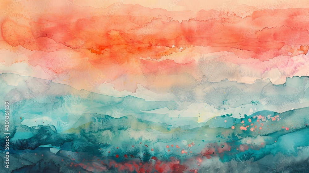 Layered watercolor abstraction, warm scarlet and vermilion hues bleeding into fields of cool mint and frosty blue, suggesting depth and complexity