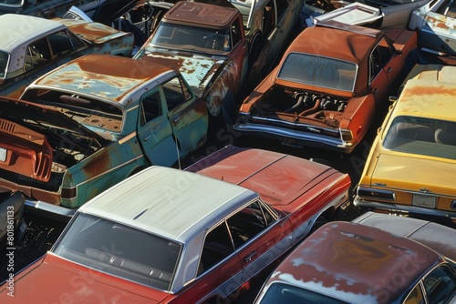 ..Junkyard pile towers with rusting abandoned cars, eerie and chaotic