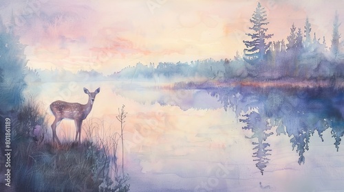 Peaceful watercolor depicting a young deer beside a tranquil lake at sunrise, the soft pastel sky reflecting in the water
