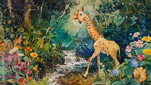 Playful watercolor depiction of a giraffe calf frolicking near a bubbling brook  surrounded by colorful wildflowers and greenery