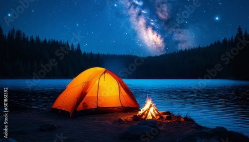 Night camping on shore. tent at campfire under evening sky full of stars and Milky way on blue water