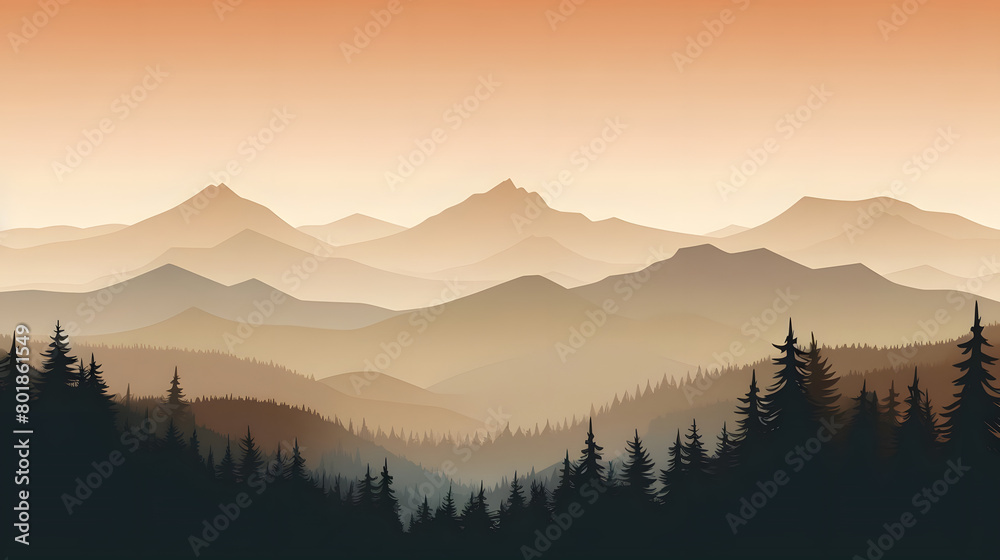 Pine Peaks at Dawn, Mountain Silhouettes, Realistic Mountains Landscape. Vector Background