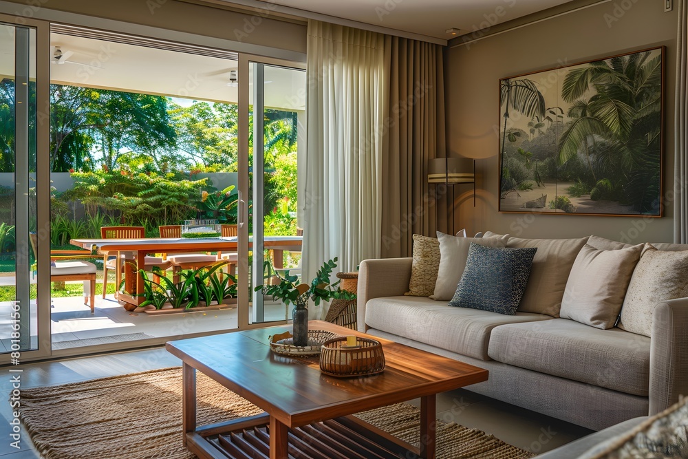 a living room with a couch, coffee table, and sliding glass doors leading to a patio area with a wooden table and chairs.