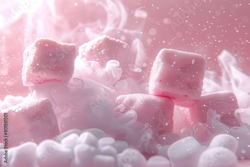Marshmallows, fluffy and pink and white, set against a backdrop. Generative Ai