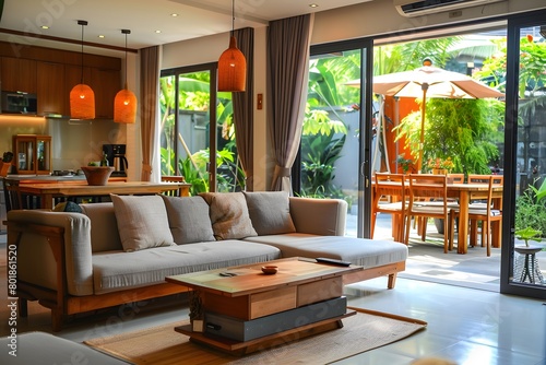 a living room with a couch  coffee table  and sliding glass doors leading to a patio area with a wooden table and chairs.