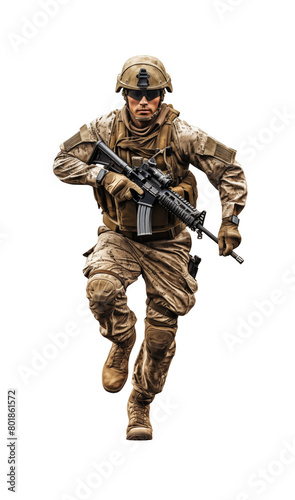 Determined soldier in desert camo gear running with a rifle, ready for action, isolated on a transparent background. Generative AI © Breyenaiimages
