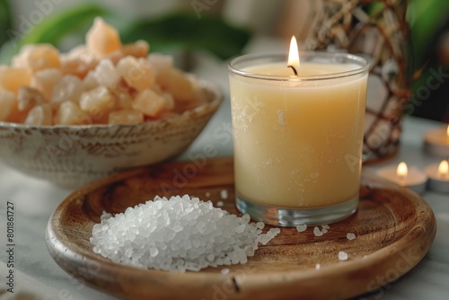 View from up close of a candle next to a bowl. Generative Ai