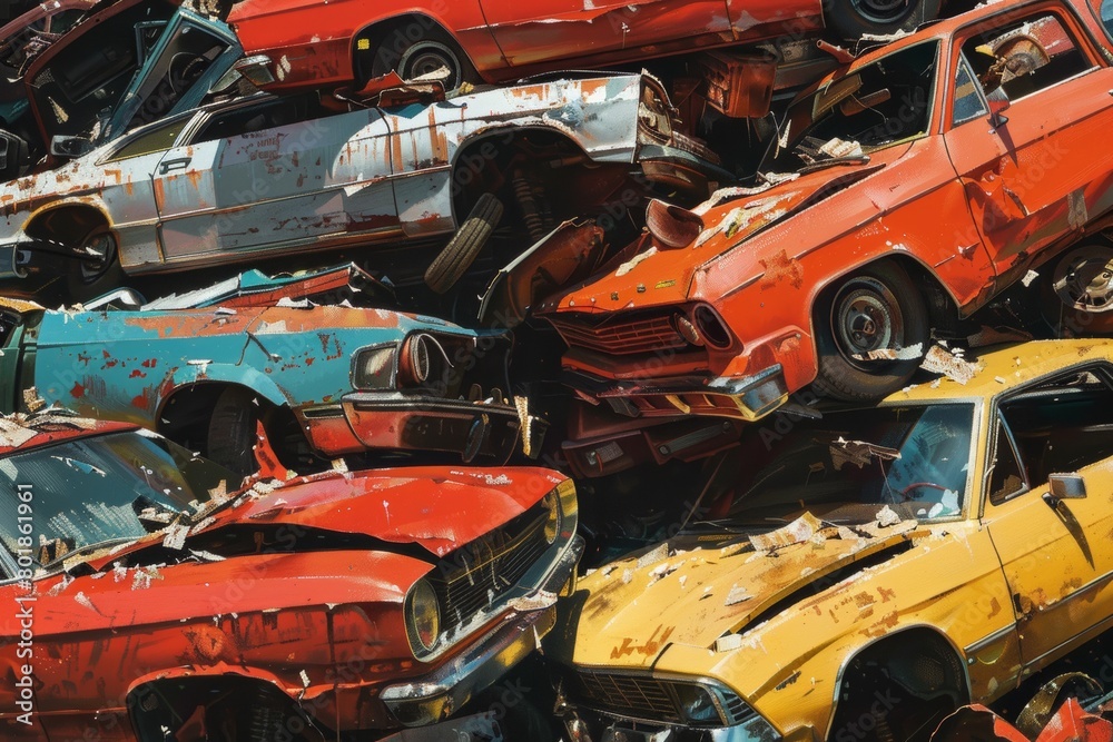 Fototapeta premium ..Junkyard pile towers with rusting abandoned cars, eerie and chaotic