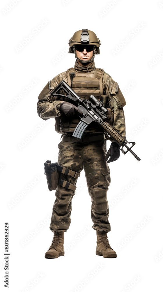 Modern soldier standing at ease with assault rifle, wearing camouflage and combat gear, isolated on a transparent background. Generative AI Modern soldier standing at ease with assault rifle, wearing camouflage and combat gear, isolated on a transparent background. Generative AI