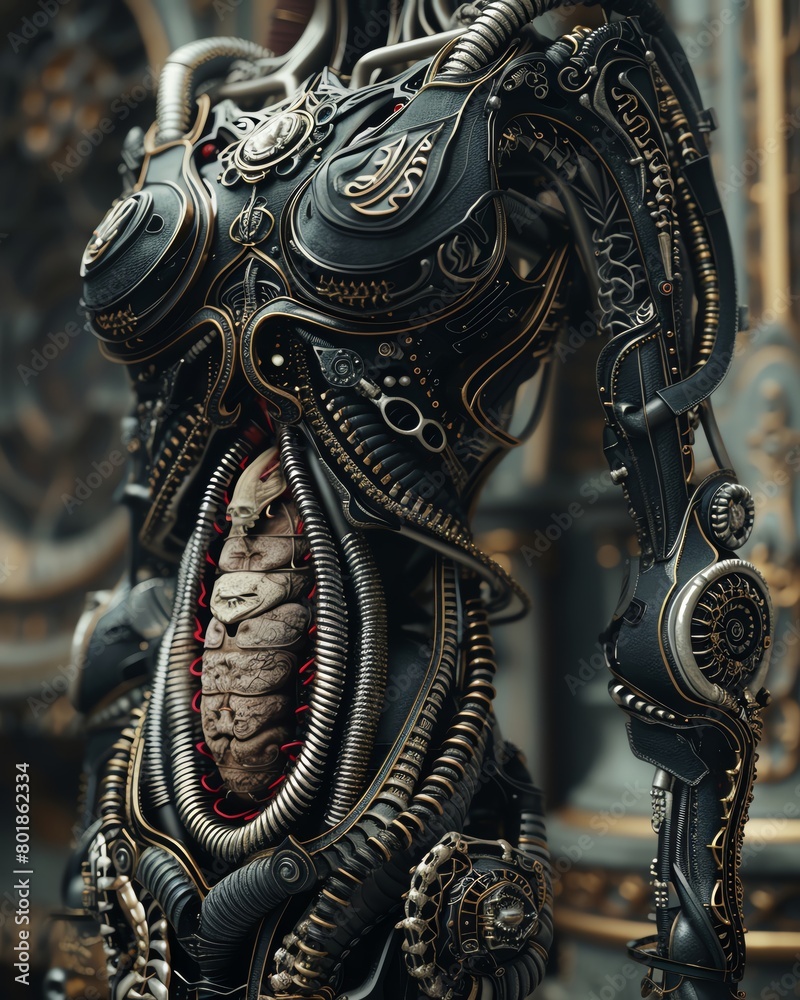 Fototapeta premium A steampunk female robot with an exposed ribcage and a heart made of clockwork gears.