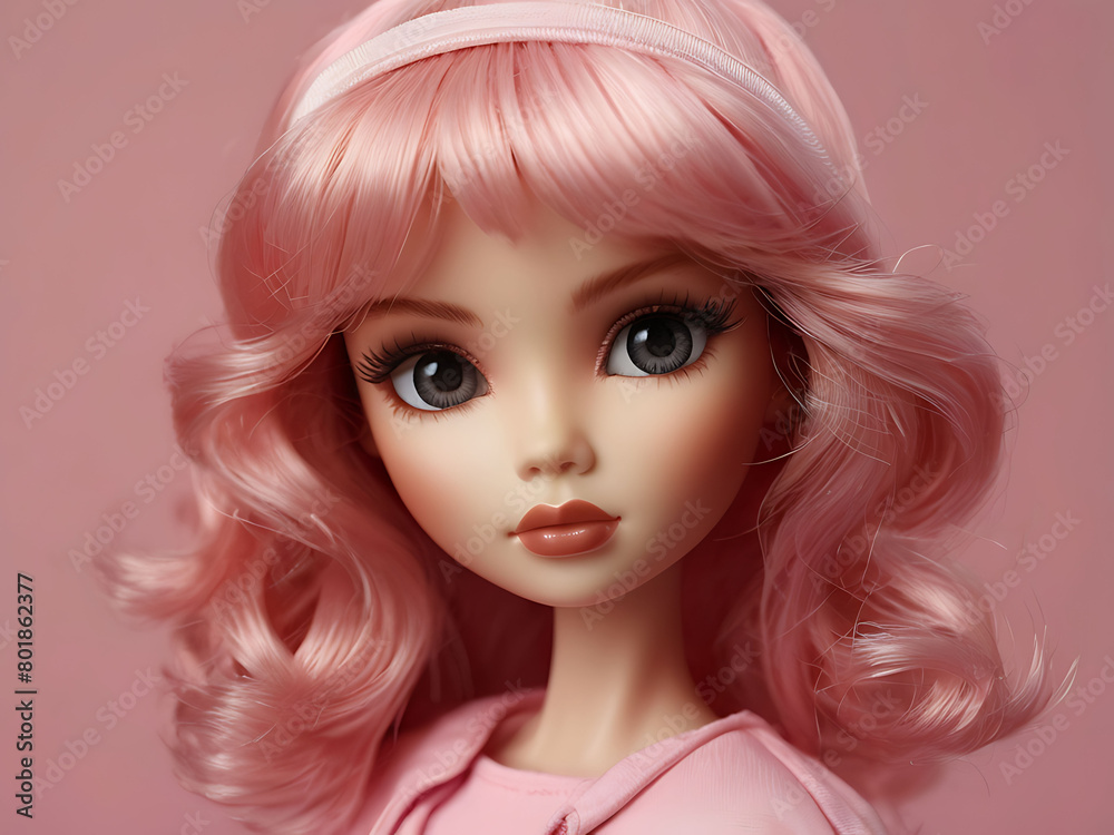 a doll with pink hair and a pink jacket.