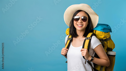  Happy Youthful Asian  sightseer woman wearing  sand  chapeau, sunglasses and  packs going to travel on  leaves on pink background. 